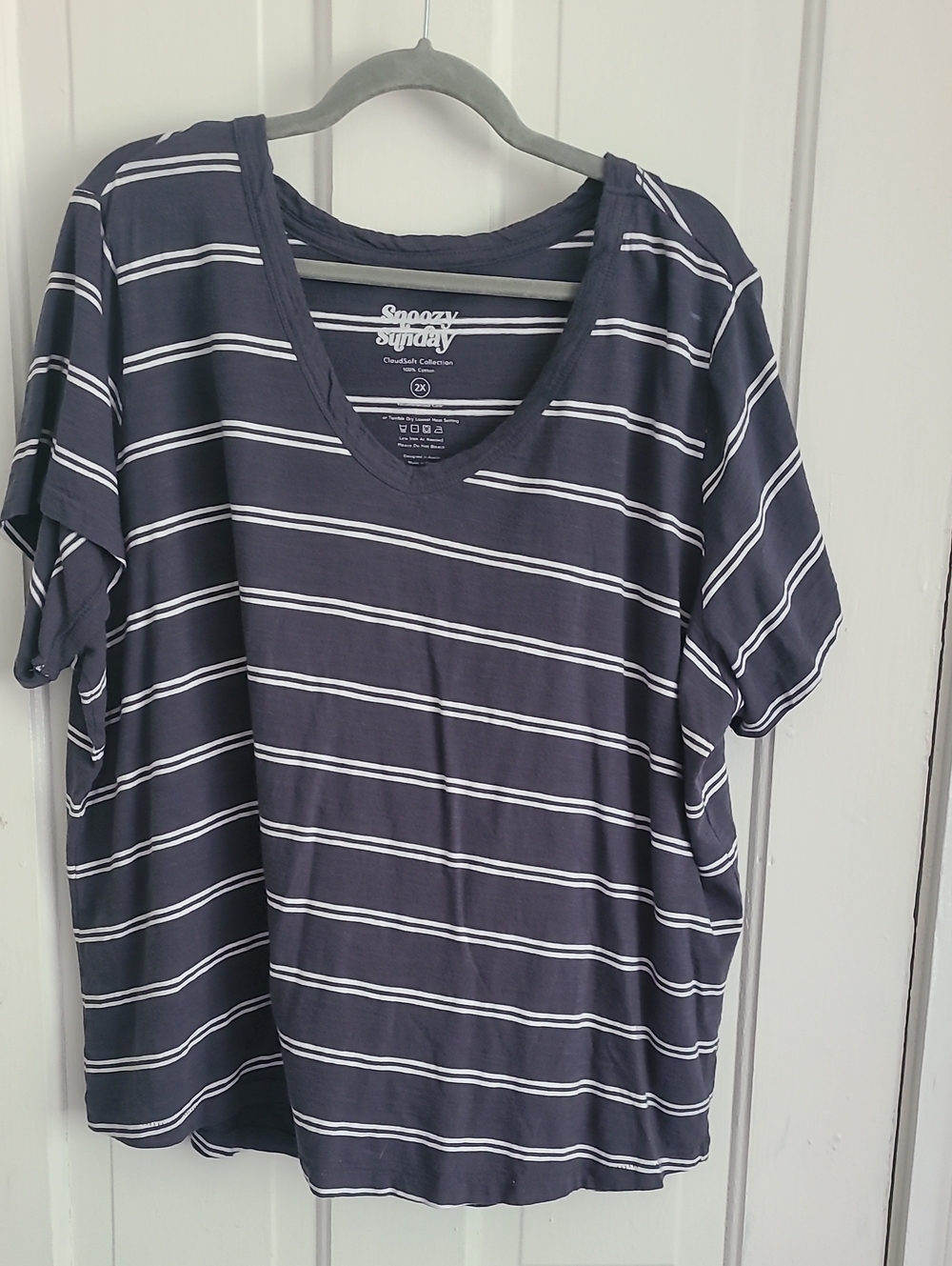 Snpozy Sunday Navy And White Striped V Neck Tee, 2X